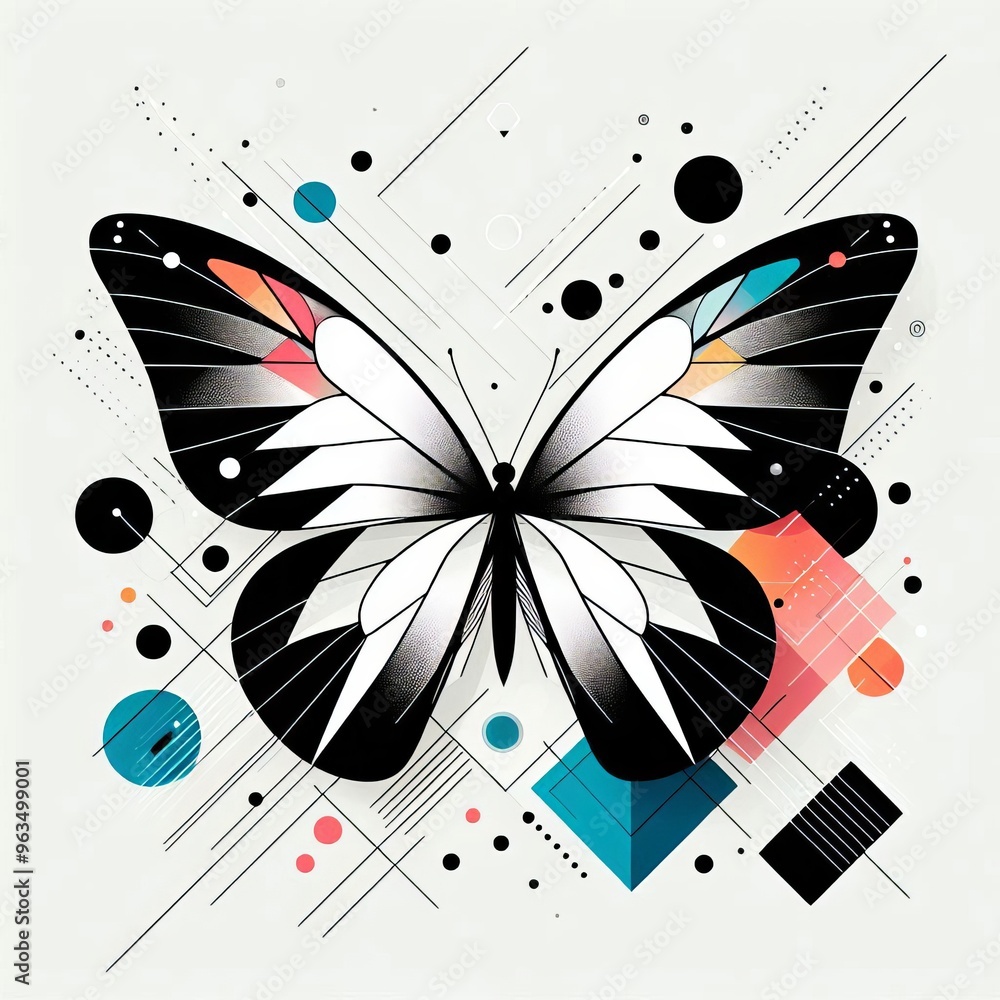 Poster a striking illustration of a butterfly with bold geometric patterns and vibrant colors. the design b