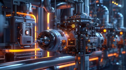 Fototapeta premium Industrial landscape with glowing pipes and high-tech machinery, highlighting futuristic technology.