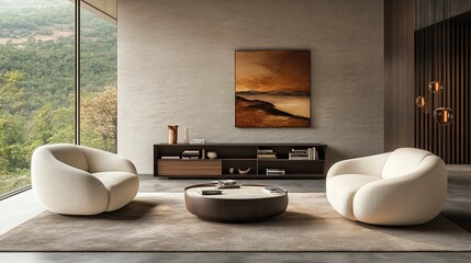 Beige home living room interior with two armchairs and sofa, sideboard with art decoration and books, carpet on concrete floor. Panoramic window on countryside. 3D rendering ,generative ai