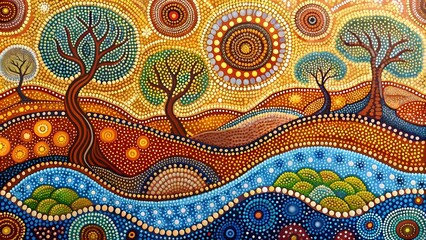 Australian Aboriginal dot painting art dreaming of a landscape. abstract Modern Aboriginal dot painting  background