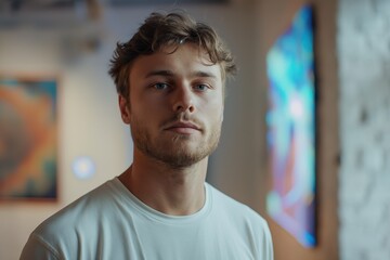 Obraz premium Young man with European features posing in an art gallery during daylight, showcasing contemporary artwork on display