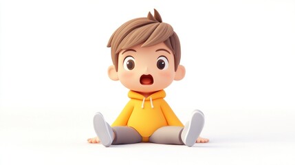 A surprised cartoon boy sitting on the floor, wearing a yellow hoodie and gray pants.