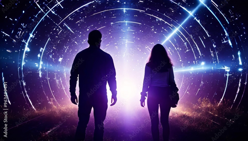 Poster a mesmerizing image of a silhouetted couple stepping into a glowing time portal. the scene is filled