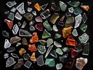  Assorted Glass Fragments in Various Shapes and Colors on Black
