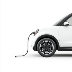 A charging EV car with a focus on the battery status, clean lines and minimalistic, isolated on white background