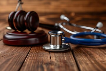 Malpractice law gavel rests next to a stethoscope on a wooden table, symbolizing medical legal issues in healthcare practices today