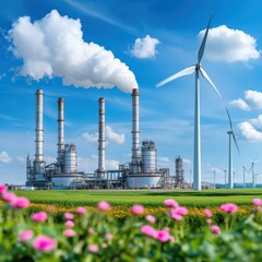 Obraz premium A vibrant view of an industrial landscape featuring wind turbines and a power plant under a clear blue sky with blooming flowers.