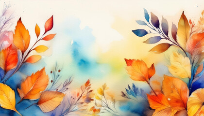 Naklejka premium Beautiful autumn watercolor floral background with copy space, vibrant fallen leaves. Seasonal banner