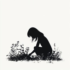 Silhouette of a child in thoughtful pose amidst wildflowers