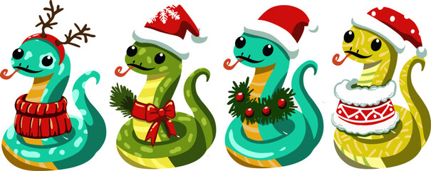 Set of snakes symbol of 2025, cute little snake for Christmas and New Year decoration