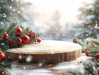 Wooden snowy snowy podium with spruce Christmas branches with free space for text, on blue snowy background , 3d, photo, banner, template, flyer, letterhead, background, postcard