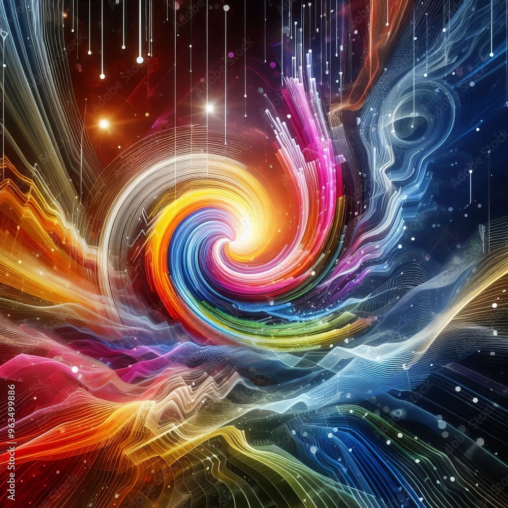 Poster a captivating digital creation displaying a swirling vortex of radiant colors and cosmic energy. thi