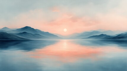 Serene lake with mountains at sunrise, tranquil