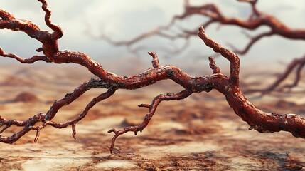 Twisted branches against a background of barren land, linking the intertwined challenges of water scarcity and environmental breakdown.