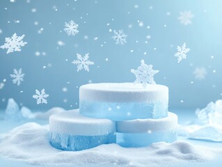 snowy ice podium on blue snowy background for product display, with free space for text, 3d, banner, template, flyer, letterhead, background, postcard