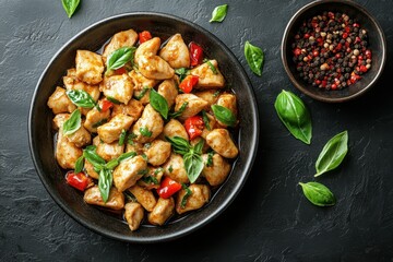 Roasted Veggies. Golden roasted potatoes with herbs and peppers, healt