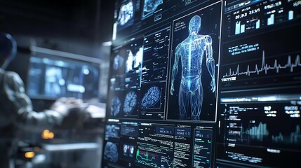 Personalized EHR interface displaying customized patient data in a high-tech healthcare environment focus on