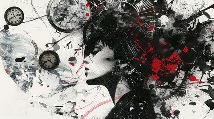 Fototapeta premium Abstract Art Clocks Face Black White Red