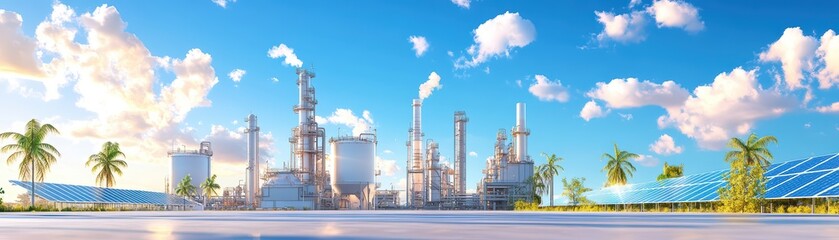 Obraz premium A vibrant industrial landscape featuring advanced facilities, palm trees, and clear skies, symbolizing innovation and sustainability.