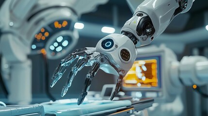 Fototapeta premium A robotic surgical assistant performing a precise operation in an automated healthcare setting close up, medical robotics realistic, futuristic Multilayer Operating room backdrop