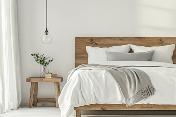 Minimalist, modern japandi interiors in bedrooms with comfortable beds. Generative AI
