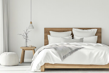 Minimalist, modern japandi interiors in bedrooms with comfortable beds. Generative AI
