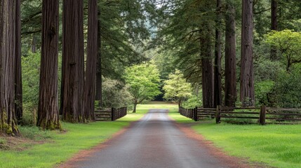 Obraz premium A winding road through a dense Redwood forest with a wooden fence.