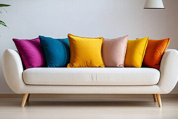 Photographed the sofa in the living room of a house with a minimalist interior. Generative AI
