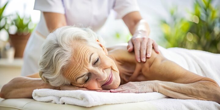 Senior woman receiving a soothing back massage from a masseuse at a spa