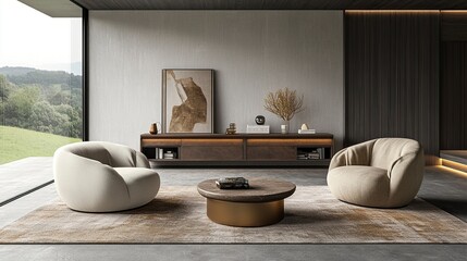 Beige home living room interior with two armchairs and sofa, sideboard with art decoration and books, carpet on concrete floor. Panoramic window on countryside. 3D rendering ,generative ai