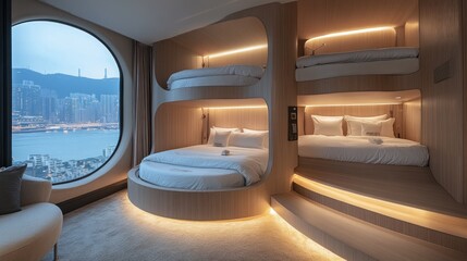 Fototapeta premium Modern Hotel Room with Panoramic City View