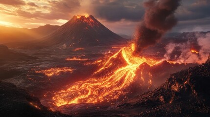 A Volcanic Eruption With Lava Flowing Down the Mountainside
