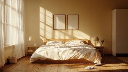 Fototapeta premium Minimalist Bedroom with Sunlit Bed