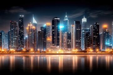 Obraz premium A stunning night view of a modern city skyline reflecting on water, illuminated by vibrant lights and a dark sky.