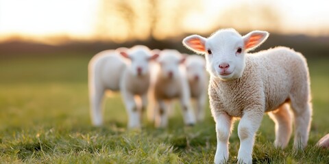 Obraz premium Seasonal lambing on a British farm with new-born lambs frolicking in lush meadows