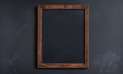 3D Render of a blackboard in a wooden frame on a dark wall.
