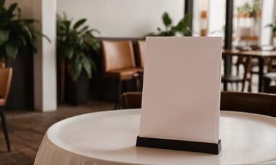 3D Render of a restaurant table with a white tablecloth and a white menu stand.
