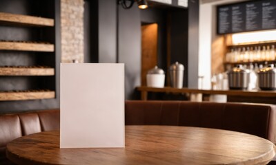 3D Render of a restaurant with a white sign on a round wooden table.