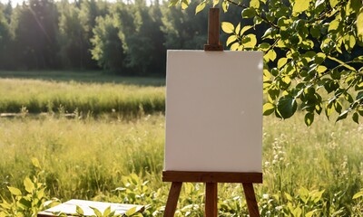 3D Render of a white canvas on an easel in a field with tall grass and trees in the background.