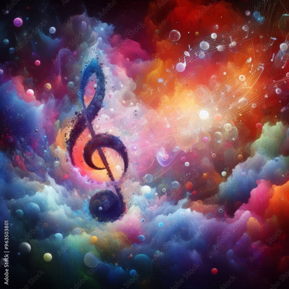 Poster a dynamic image showcasing a treble clef engulfed by a swirling, vibrant cloudscape. the explosion o