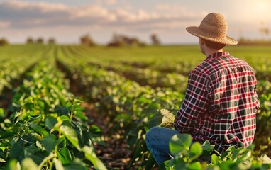 A man in a straw hat stands in a field of soybeans