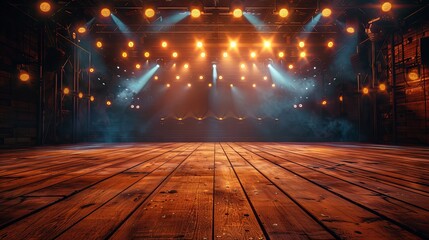 Spotlight illuminating concert stage with dark background and wooden floor
