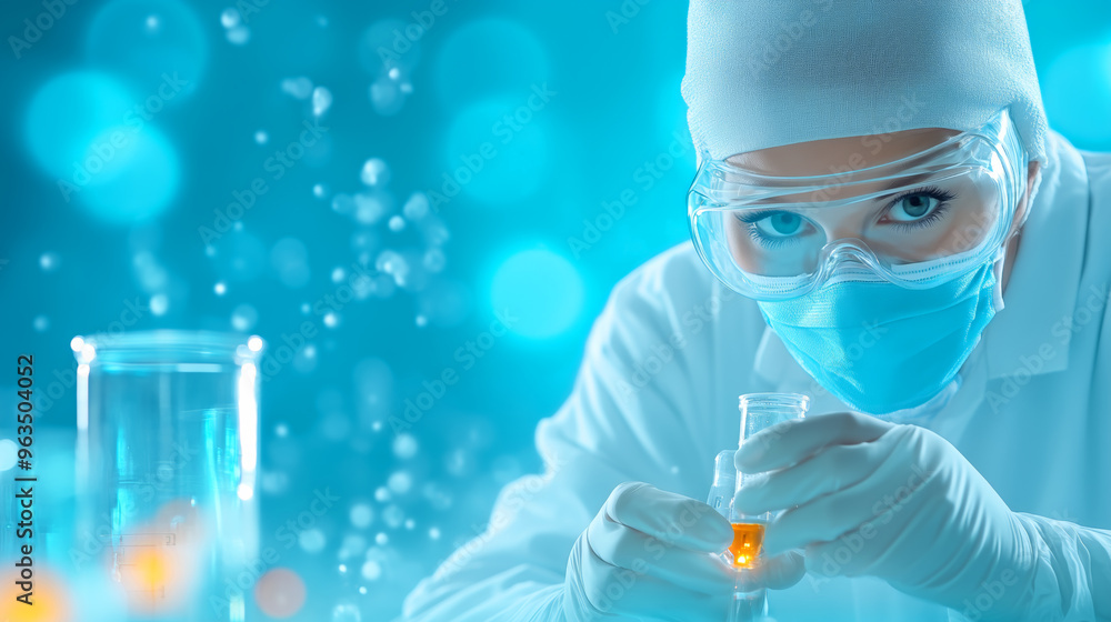 Poster scientist researching in a lab with a blue backdrop