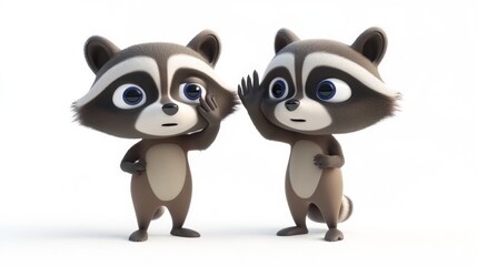 Two cartoon raccoons interacting playfully with expressive eyes and gestures.