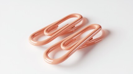 Two glossy, peach-colored paper clips arranged on a white background.