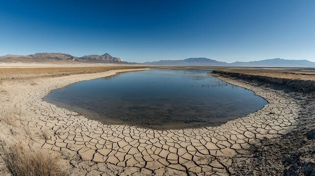 Empty reservoir with dried-up shorelines and distant mountains, symbolizing water scarcity with large areas for text overlay.