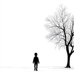 Solitary figure beside bare winter tree in minimalist landscape