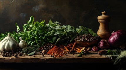Aromatic Herbs and Spices Arranged on Rustic Wood