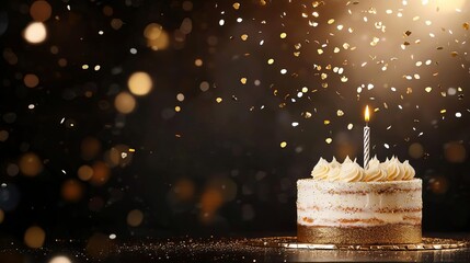 Luxurious birthday cake with gold and silver glitter, rich dark background with metallic confetti falling