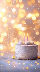 Pastelcolored birthday cake with silver glitter accents, soft bokeh lights and sparkles surrounding it